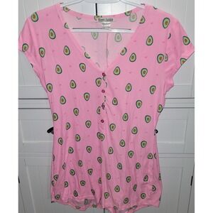 Sleep Junkie Womens Pink Avocado Heart Print Henley Short Sleeve Romper Large